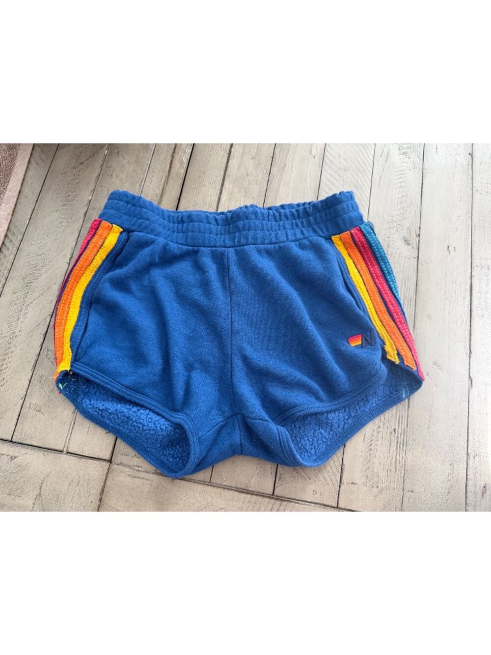 Aviator Nation 5 Stripe Jogger Dolphin Shorts Blue Rainbow Neon Size XS